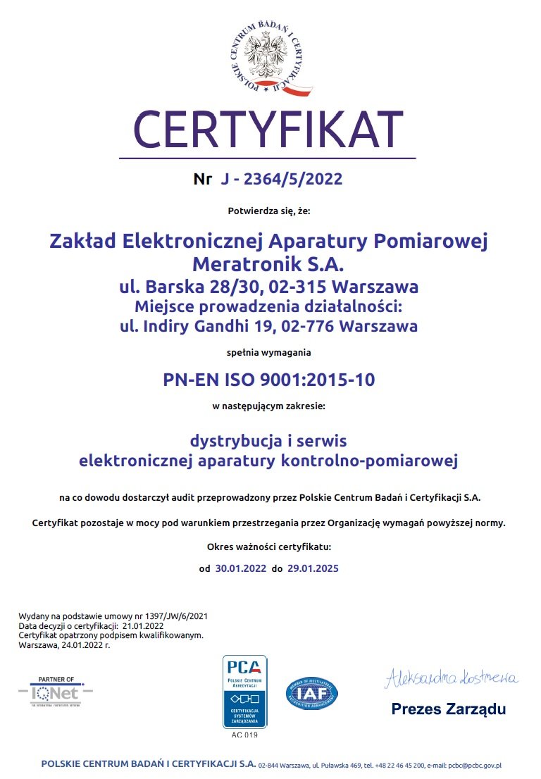 Certyfikat Jakości ISO:9001 dla Meratronik S.A.